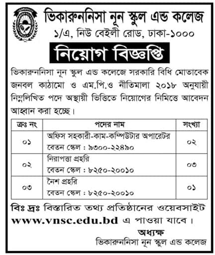 Viqarunnisa Noon School And College Job circular