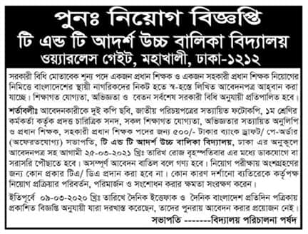 T & T Ideal Girls High School Job circular