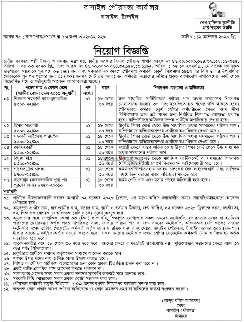 Basail municipality office job circular