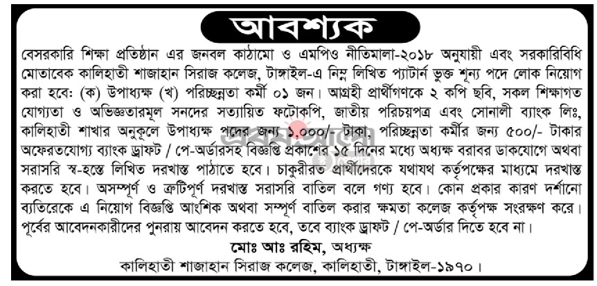 Kalihati shajahan siraj college Job