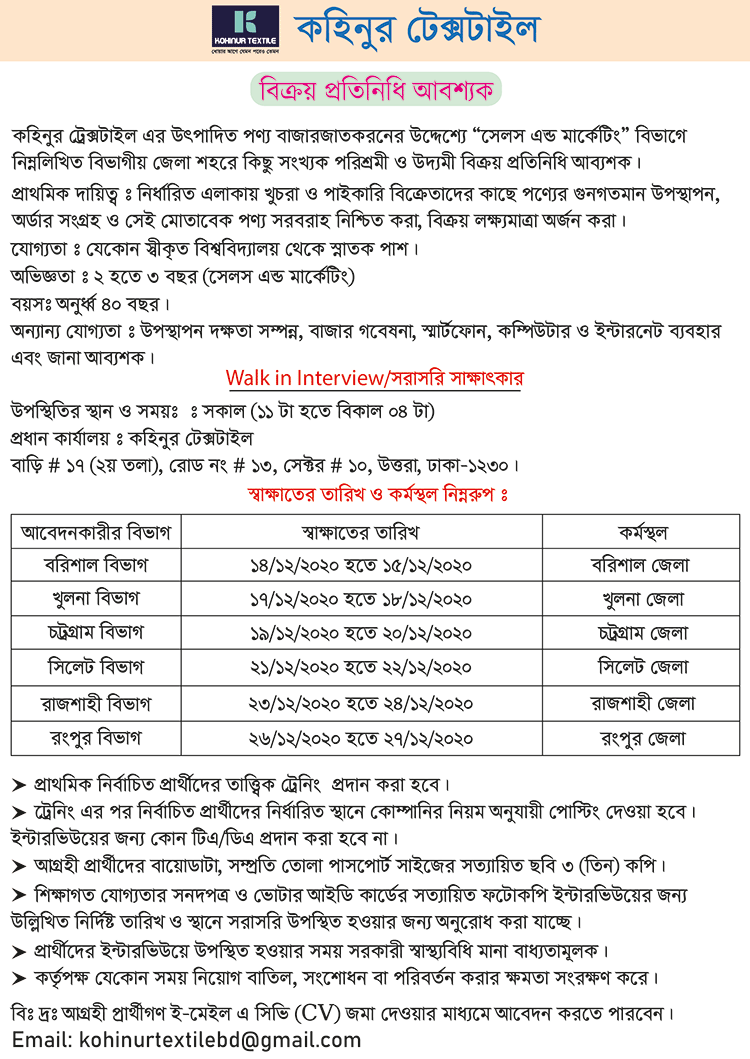 Kohinoor textile limited Job Circular