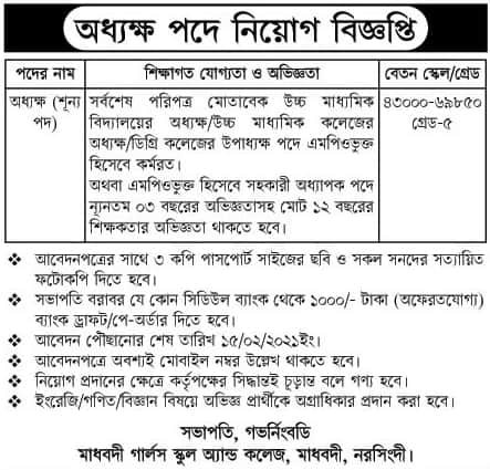 Madhabdi Girls High School and College Job Circular