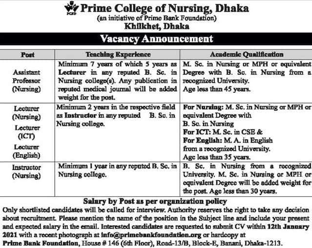 Prime College of Nursing Job Circular 