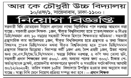 RK Chowdhury High School Job Circular 