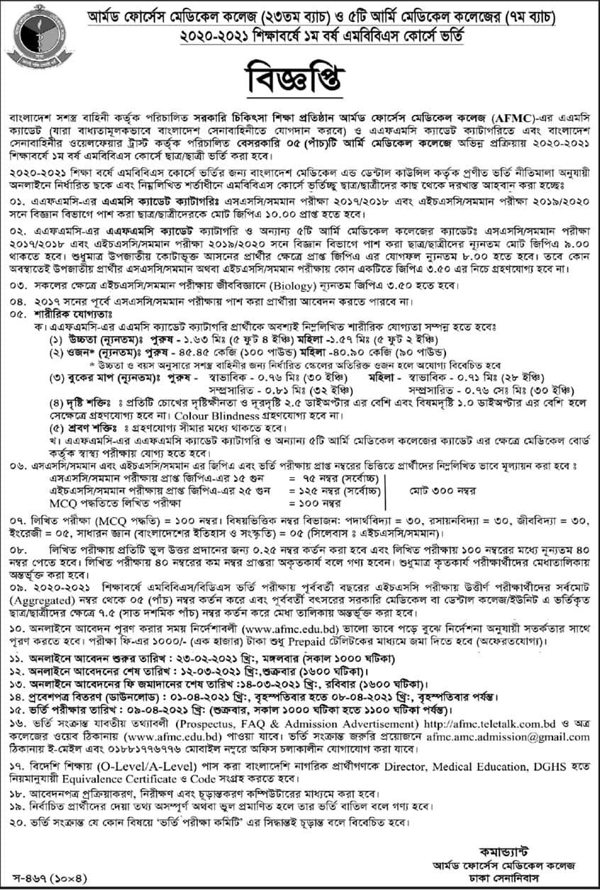 Armed Forces Medical College Admission Circular 