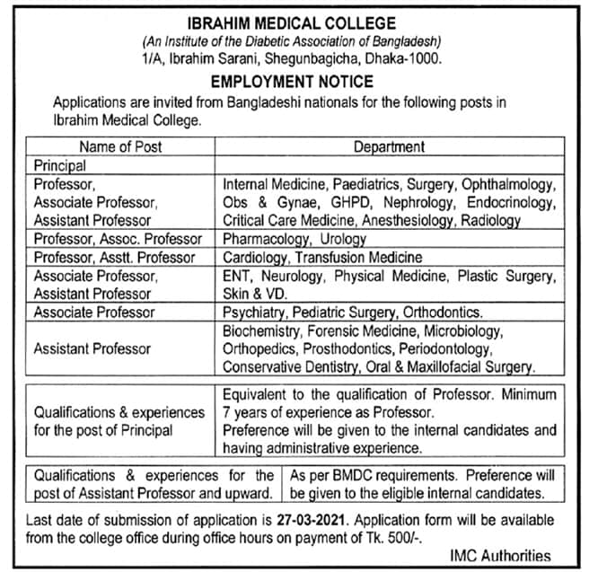 Ibrahim Medical College Job Circular 