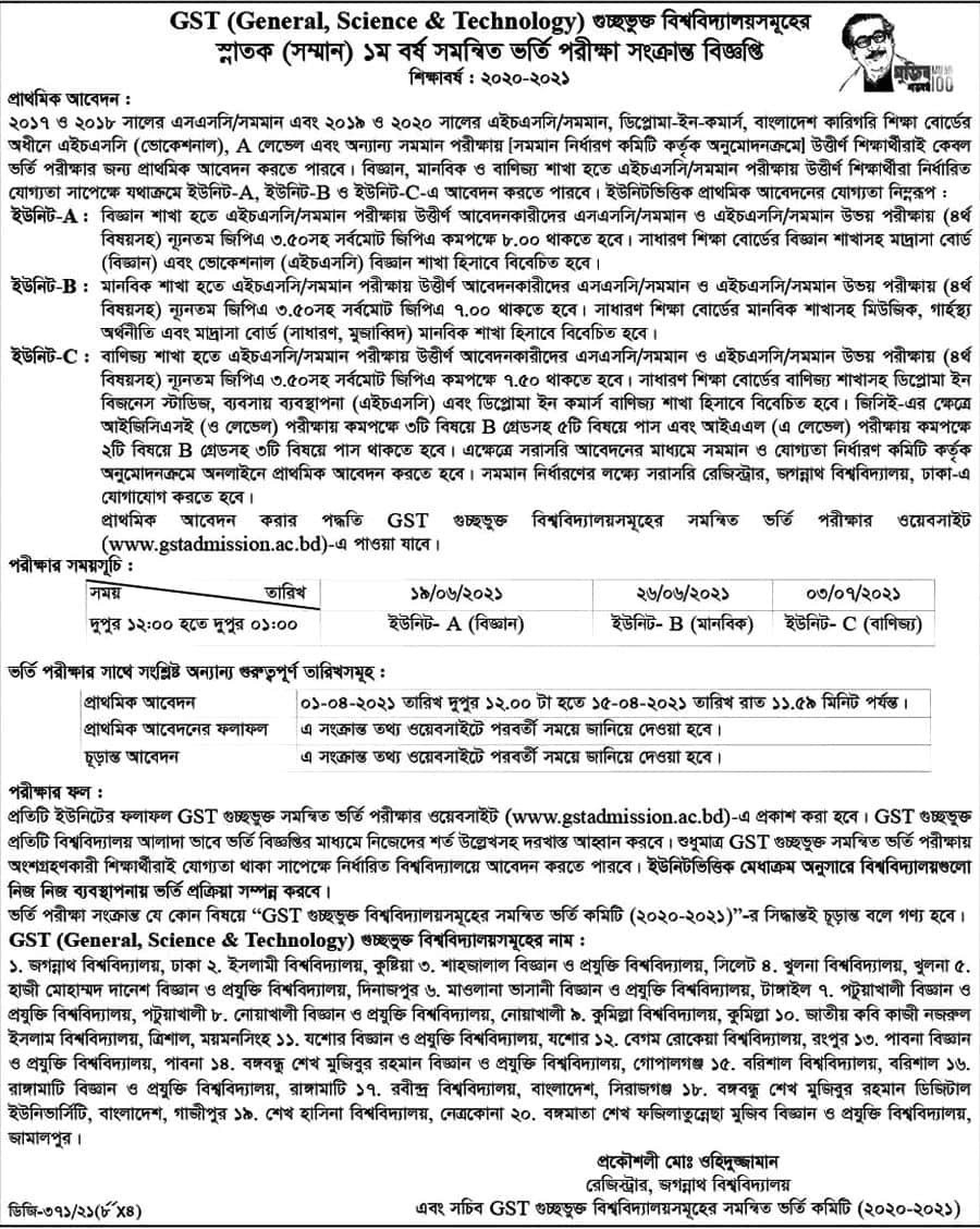 GST University Admission Circular