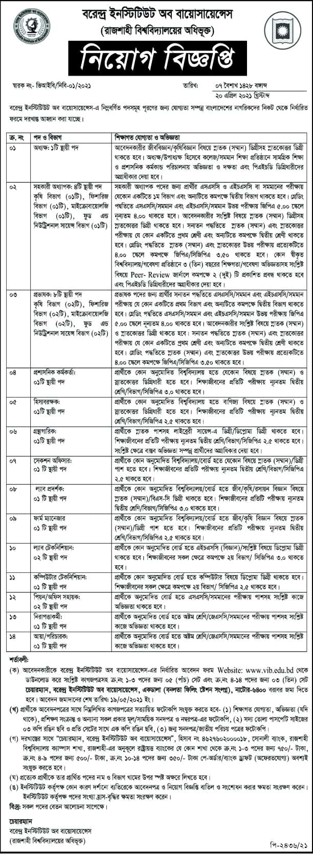 Barendra Institute Of Biosciences Job Circular 