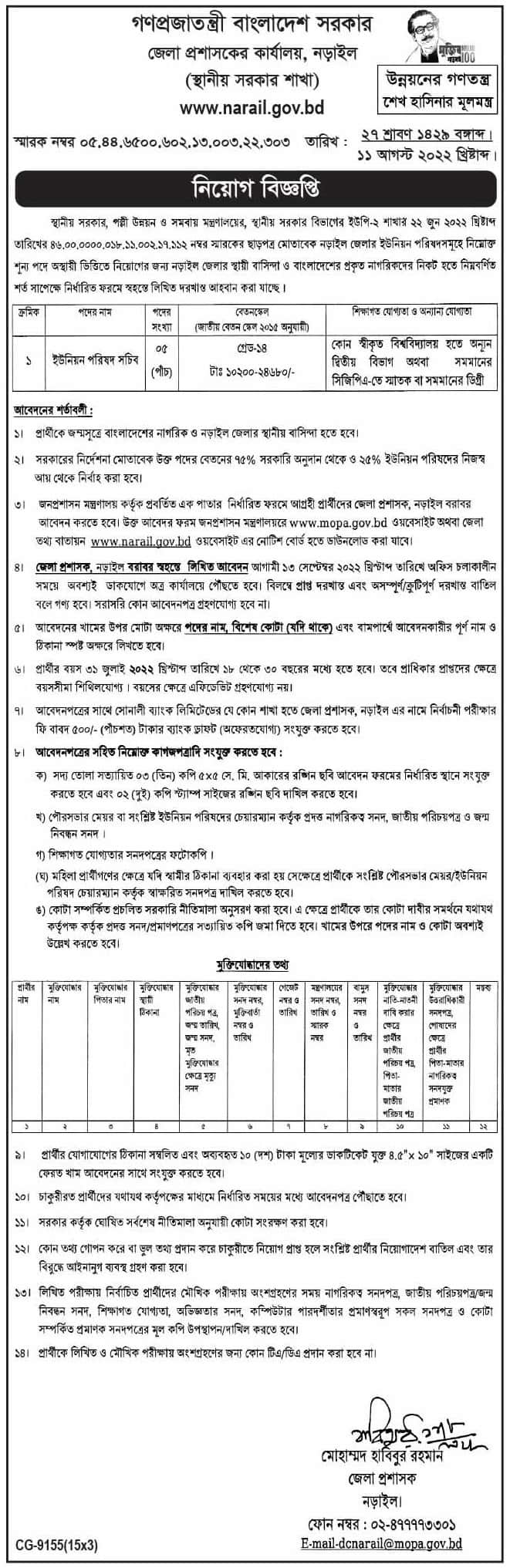 Narail DC Office Job Circular