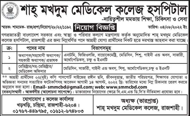 Shah Mukdum Medical College And Hospital Job Circular