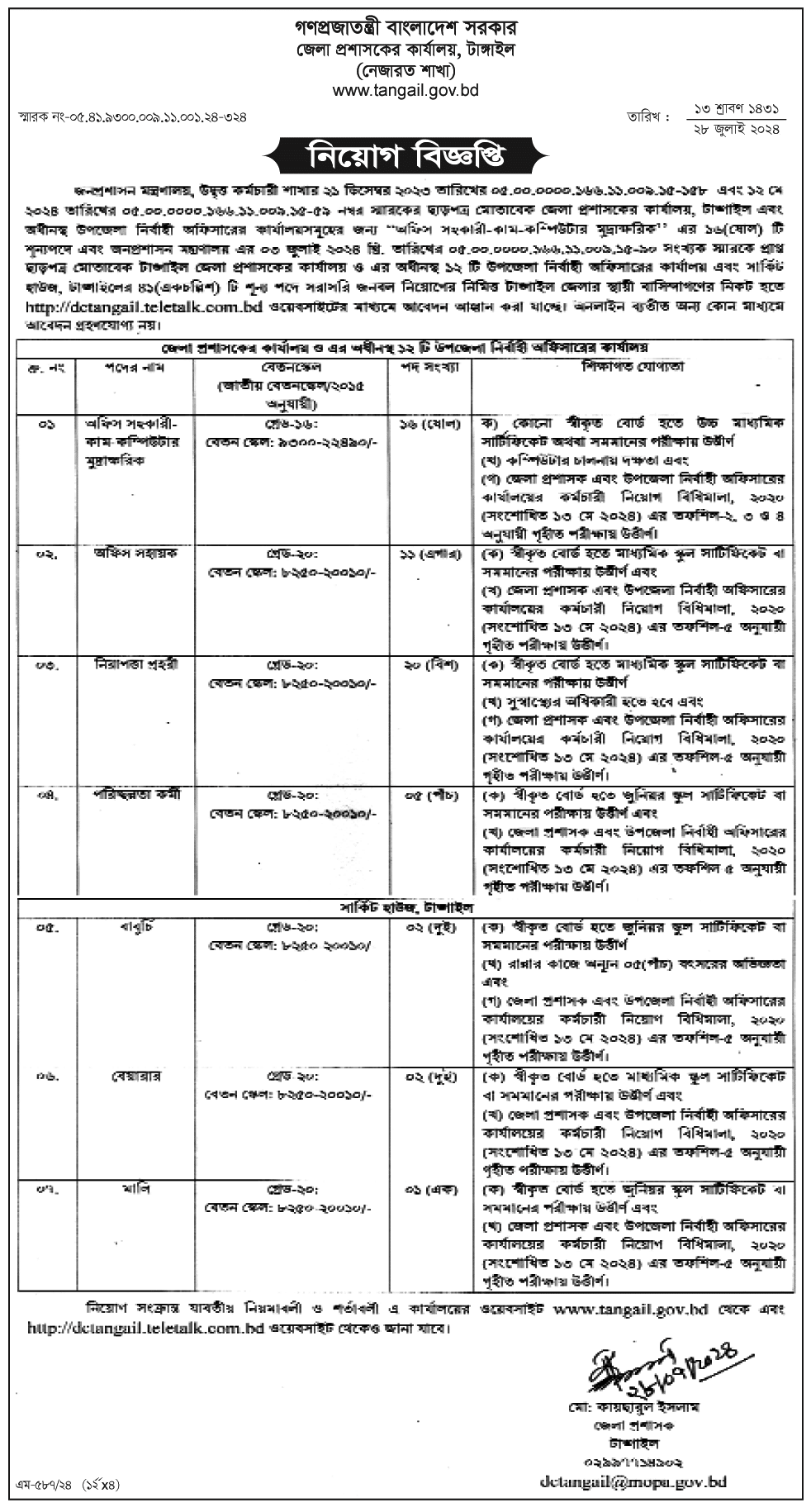 Tangail DC Office Job Circular