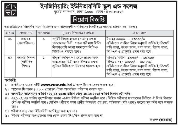 Engineering University School And College Job Circular