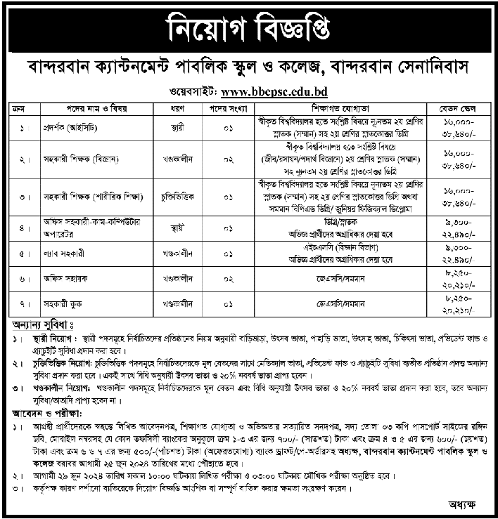 Bandarban Cantonment Public School And College Job Circular