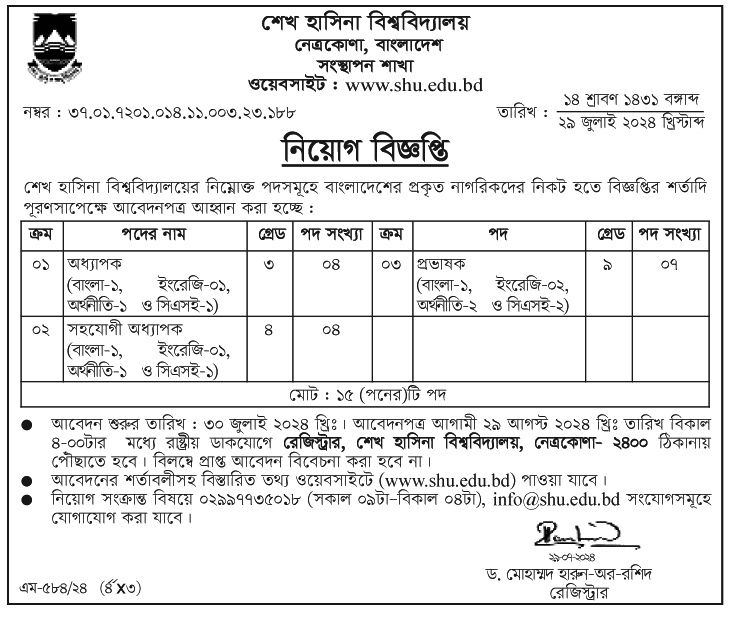 Job Circular At Sheikh Hasina University