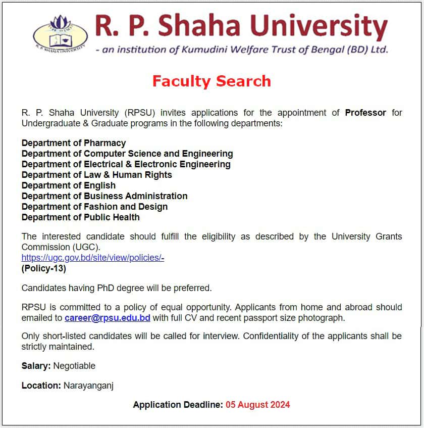 Ranada Prasad Shaha University Job circular