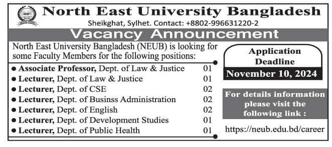 North East University Bangladesh Job Circular