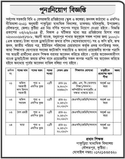 Pakuria secondary school Kushtia Job Circular 