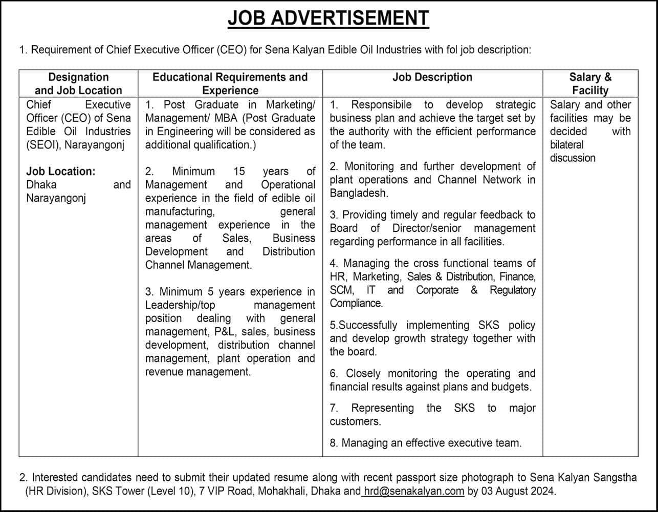 Sena Kalyan Edible Oil Industries Job Circular 