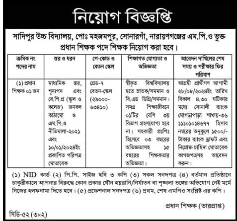 Sadipur High School Job Circular 