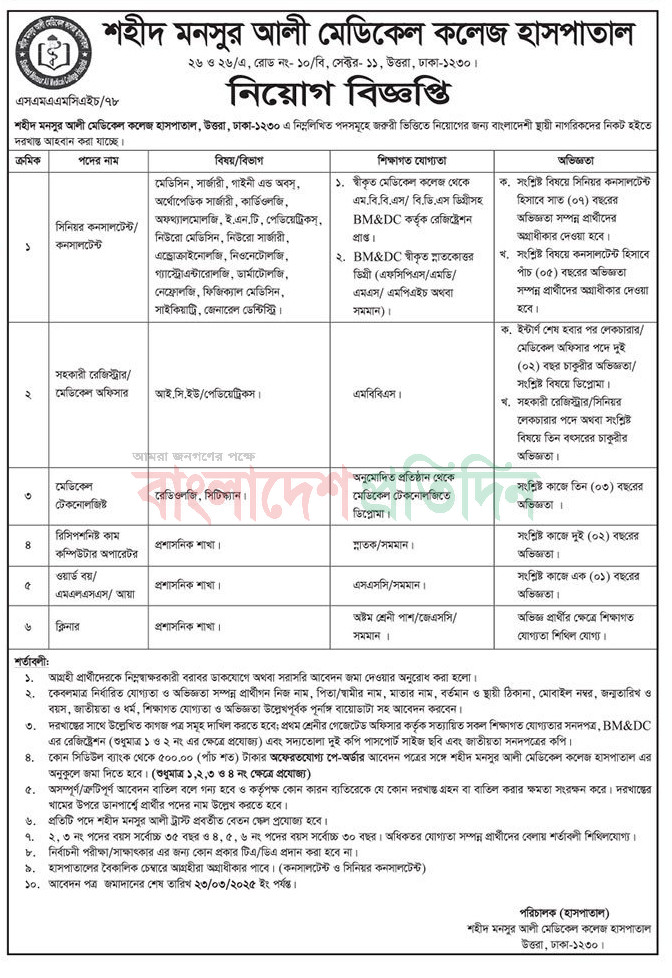 Shaheed Monsur Ali Medical College Hospital Job Circular