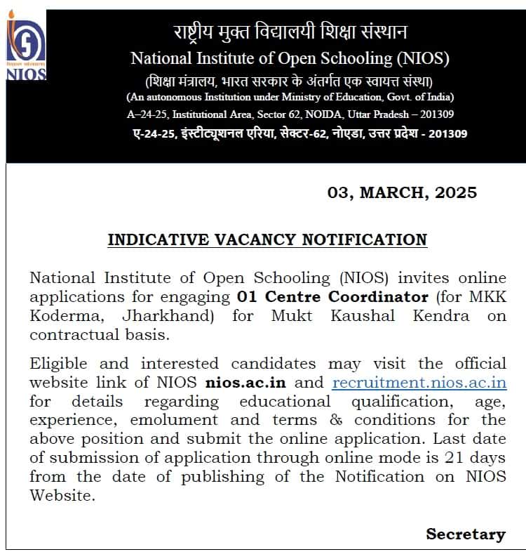 National Institute of Open Schooling (NIOS) Job Circular 