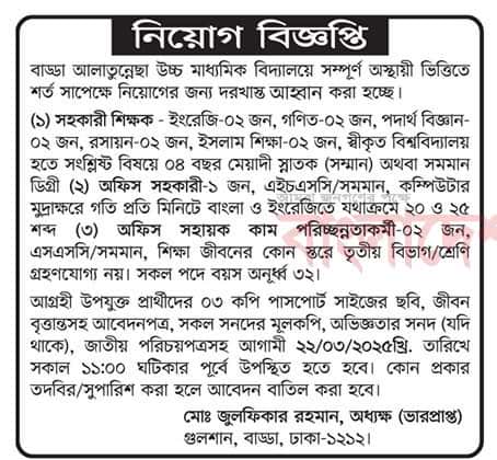 Badda Alatunnessa Higher Secondary School Job Circular