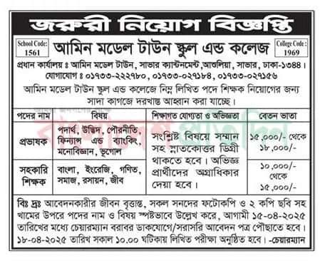 Amin Model Town School and College Job Circular 