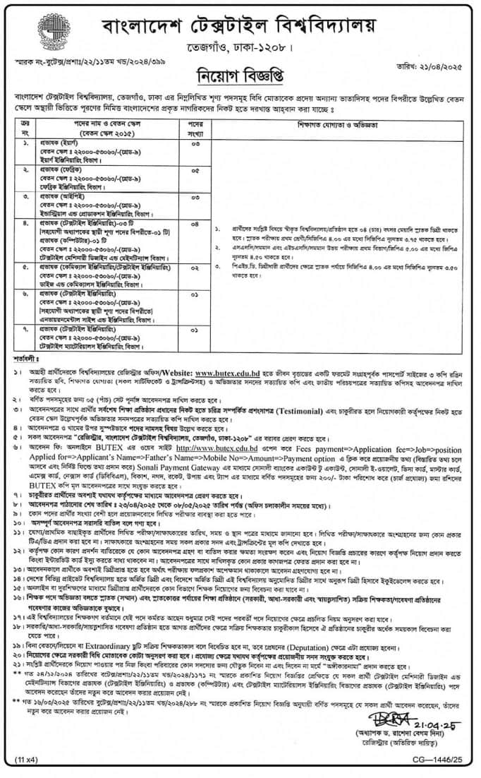 Bangladesh University of Textiles Job Circular